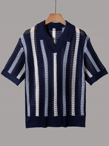Polo de Manga Corta a Rayas de Punto para Hombre, Casual, Transpirable, Corte Regular, Diseño Azul Marino y Blanco, Polos Casuales de Diseñador - Product Image 2