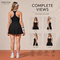 Robe de tennis unie pour femme avec logo personnalisé, sans manches, extensible, jupe évasée, short intégré, fermeture éclair avant, polyester/coton, tenue de court