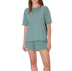 Women's Coral 2-Piece <b>Knitted</b> <b>Set</b> Short Sleeve Top With Above Knee Shorts Solid Crew Neck Loose Fit Breathable Spring Summer - Product Image 3