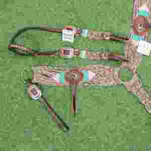 Conjunto de cabezada y pechera de mohair beige turquesa rojizo, 32 pulgadas de longitud frontal, colores personalizables, hecho a mano con cuero argentino. - Product Image 6