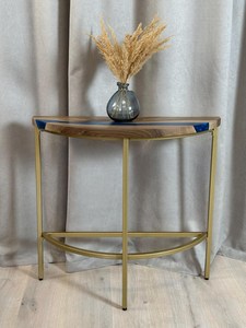 Azure Crescent Epoxy <b>Console</b> <b>Table</b> Handcrafted Walnut Wood Living Room Furniture with <b>Gold</b> Frame Modern Luxury Durable Live Edge - Product Image 4
