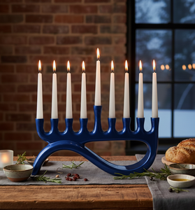 Menorahs rojas metálicas festivas para fiestas y oraciones, bellamente elaboradas, perfectas para decorar el hogar y espacios religiosos durante Hanukkah. - Product Image 2