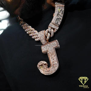 Iced Moissanite J <b>Initial</b> Pendant Necklace With Cuban Link <b>Chain</b>, Custom Letter Nameplate Jewelry, Hip Hop Fashion - Product Image 1