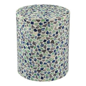 Blue Green <b>Grey</b> Terrazzo Style Shell Cylindrical Stools Mother of Pearl Handcrafted Mosaic <b>Small</b> <b>Side</b> <b>Table</b> Living Room Decor - Product Image 1