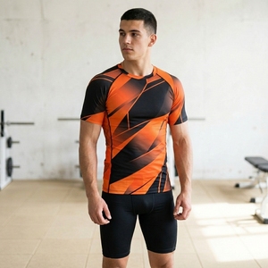 Men's Orange Black Solid Jersey Compression Shirt Short Sleeve Quick Dry Sporty Workout Top Slim Fit O-Neck - Product Image 1