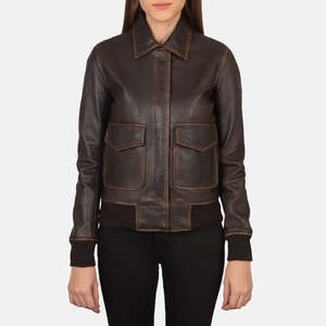 Chaqueta Bomber de Cuero Genuino para Mujer con Bolsillos Grandes, Cuello Camisero, Cierre de Cremallera, Color Sólido, Chaqueta para Otoño - Product Image 4