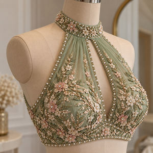 Elegant Women's Formal Short <b>Halter</b> Tank <b>Top</b> with Sequined Floral Embroidery Chiffon Fabric Pearl Beading <b>Green</b> Color - Product Image 1