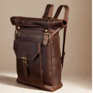 Handcrafted Genuine <b>Leather</b> Roll Top <b>Backpack</b> Authentic Cowhide <b>Leather</b> Daypack For Office Travel Business LRTB-0124 - Product Image 2