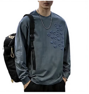 เสื้อยืดแขนยาวพิมพ์ลายหัวใจแบบนูนสำหรับผู้ชาย เสื้อโอเวอร์ไซส์ผ้าฝ้ายถัก สไตล์สตรีทแวร์ เสื้อยืดลำลองใส่ได้ทุกวัน เสื้อแขนยาวผู้ชาย - Product Image 1