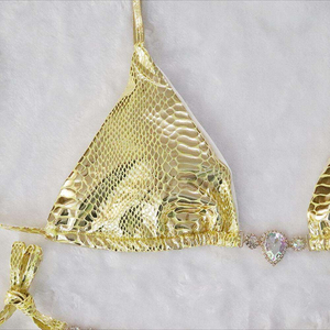 Golden Metallic <b>Bikini</b> Set 2 Piece Halter Top Tie Side Bottom <b>Rhinestone</b> Decoration Stretch Fit Women Swimwear - Product Image 5