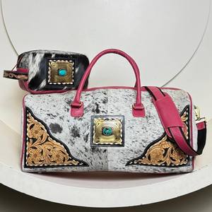 OEM Manufacturer 2025 Custom logo Hand Tooled Genuine Cowhide Leather Duffle <b>Bag</b> & Toiletry <b>Bag</b> 2 Piece Combo Set for Women's - Product Image 4