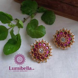 18K Gold Plated Brass Round Kempu Stud Earrings with Pearls - Product Image 1