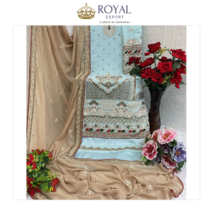 Mode de luxe : Nouvelle collection de costumes de créateurs pour les fêtes, en faux georgette avec broderies de perles, costume pakistanais - Product Image 2