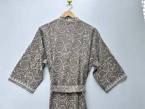 Bata Kimono de Algodón con Estampado de Bloques, Cuello en V, Manga Larga, Secado Rápido, Ligera, para Dama de Honor, Ropa de Dormir de Verano - Product Image 4