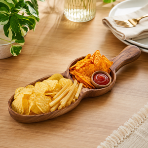 Plateau de service pour en-cas en bois d'acacia artisanal avec poignée |   Plateau à fruits secs à double compartiment, organisateur de table décoratif, cadeau - Product Image 4