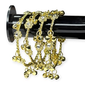 Limited Stock 24K Gold Plated Kashmiri Ghungroo Metal <b>Bangles</b> with Jhumki Floral Stones for Wedding-Perfect Gift - Product Image 1