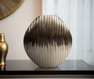 Modern Silver Metal <b>Vase</b> with Vertical Ribbed Texture Sculptural Pewter Finish Bud <b>Vase</b> with Wavy Fluted Design from India - Product Image 1