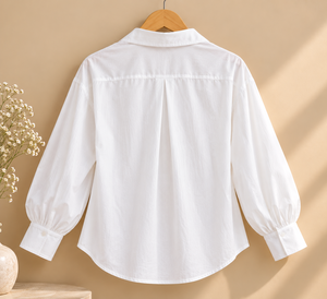 Women's <b>White</b> Wrap <b>Tie</b> Blouse Full Sleeve Balloon Sleeve Shirt Collar Poplin Cotton Loose Fit Spring Summer Everyday Wear - Product Image 2
