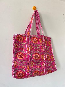 Bolso Tote de Algodón Acolchado con Estampado Floral Rosa Bohemio, Bolso de Compras Casual Abierto con Estampado a Mano para Mujer - Product Image 2