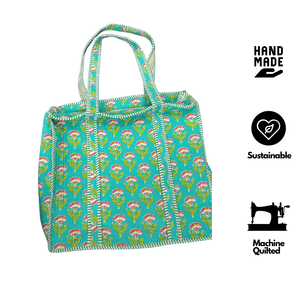 Bolsa de Mano de Algodón Acolchado Verde, Estampado Floral Hecho a Mano en Jaipur, Ecológica, Resistente, para Compras Diarias, Regalos, Lavable a Máquina - Product Image 2