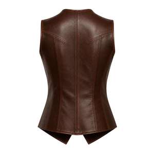 Chaleco Gótico de Cuero Vacuno Negro 100% Original VIBE SEWN OEM para Mujer, Cuello en V, Doble Botonadura, Resistente al Viento, con Bolsillos Laterales, Sin Mangas - Product Image 2