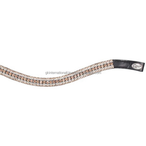 Bandes de sourcils de cheval équestre en cuir véritable de haute qualité avec cinq rangées de cristaux blancs et dorés couleurs personnalisées au meilleur prix - Product Image 2