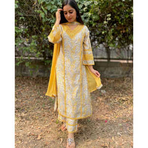 Conjunto de Top, Pantalones Plazzo y Dupatta Amarillo de Diseño Aarohi para Mujer, Talla M, para Ocasiones Elegantes - Product Image 4