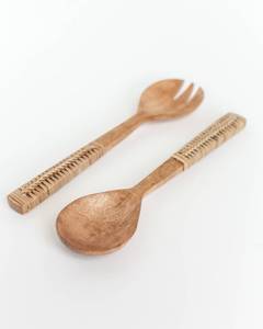 Cucharas para Ensalada Hechas a Mano con Madera de Mango y Mangos de Ratán Tejidos, Diseño Geométrico Bohemio, Utensilios de Cocina Naturales - Product Image 4