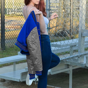 Veste courte universitaire pour femme, bleu roi, style Letterman, avec manches en similicuir, manteau bomber décontracté, mode féminine - Product Image 4