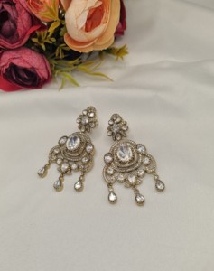 Designer Kundan Gemstone Oval Cut <b>Dangle</b> Statement <b>Earrings</b> Antique <b>Gold</b> Plated For Festivals Wedding Reception Party Wholesaler - Product Image 4