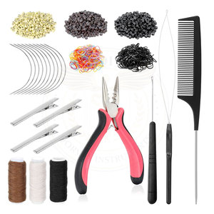 คีมร้อยไมโครริงแบบซิลิโคนพร้อมเข็มเกี่ยวแบบโค้ง หวีหนีบผมโลหะ ด้ายเย็บผ้า ยางรัดผมขนาดเล็ก - Product Image 1