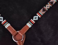 Ensemble de harnais équestre de qualité supérieure, fait main, orné de perles et de motifs, avec franges colorées, pour cheval de style western, comprenant une têtière à une oreille et une brassière