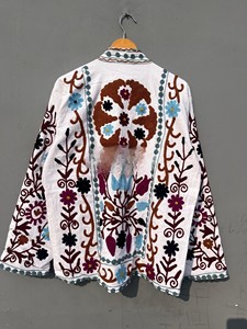 Handmade Kashmiri Suzani Embroidery Cotton <b>Jacket</b> Outerwear Indian Traditional Crew Neck Full Sleeve Short <b>Jacket</b> - Product Image 2