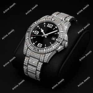 <b>Black</b> Dial Diamond Iced Out Luxury <b>Watch</b> Silver Stainless Steel Bracelet Men’s Fashion Timepiece - Product Image 3