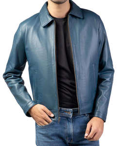 แจ็คเก็ตหนังแท้สีน้ำเงินสำหรับผู้ชายคุณภาพสูงขายส่ง พร้อมซิปปิด คอปกพับได้ ทรงปกติ เหมาะสำหรับใส่ในฤดูใบไม้ร่วง - Product Image 3
