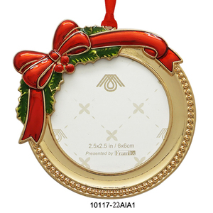 Traditional Round Metal <b>Christmas</b> Ornament with Red Bow and Holly 2.5x2.5 in Glossy Finish Indoor Decor - Product Image 1