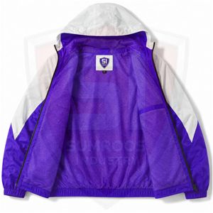 Chaqueta cortavientos unisex con capucha, color morado y blanco, a prueba de viento, para exteriores, con cremallera deportiva, personalizable de fábrica. - Product Image 6