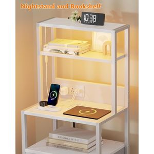 <b>Tall</b> White Nightstand with 4-Tier Shelves and 2 PU Fabric Drawers Bed Side <b>Tables</b> with Light Tube Charging Stati - Product Image 1