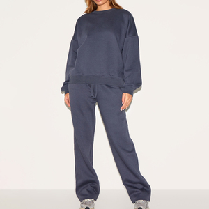Ensemble de survêtement pour femmes, couleur unie, manches longues, col rond, coupe ample, fermeture à cordon, poches latérales, vêtements décontractés d'automne, 100% coton - Product Image 1