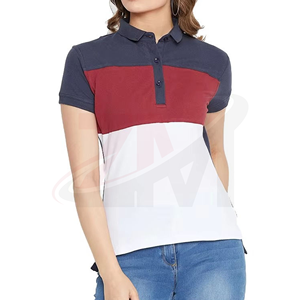 เสื้อโปโลผู้หญิง แขนสั้น คอปก ตัดต่อสี ผ้าถัก 100% คอตตอน ความยาวปกติ สีน้ำเงิน แดง ขาว - Product Image 5