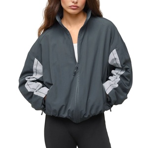 Women's Dark Grey Windbreaker <b>Jacket</b> Oversized <b>Track</b> <b>Jacket</b> Two-Tone Sleeve Sporty Zip Up Bomber Coat Casual Sportswear - Product Image 1