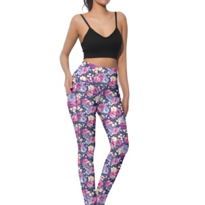 High Waist <b>Floral</b> Print Yoga <b>Leggings</b> With Pockets Full Length Spandex Polyester Four-Way Stretch Elastic Waist - Product Image 1