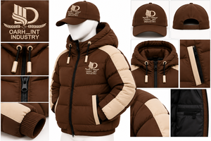 OARH INT INDUSTRY เสื้อแจ็คเก็ตบุนวมมีฮู้ดสำหรับผู้ชาย สีน้ำตาลเข้ม กันลม ซิปหนา สีน้ำตาลเบจสำหรับฤดูหนาว - Product Image 6