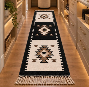 Tapis de couloir étroit noir ivoire en laine et jute tissé à la main, motif géométrique tribal du Sud-ouest, style bohème rustique, tapis d'appoint pour ferme - Product Image 1