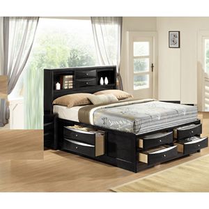 Contemporary 1pc Queen Captain Platform Bed with <b>Bookcase</b> Shelves and Side Storage <b>Solid</b> <b>Wood</b> Bedroom Furniture in Black - Product Image 2