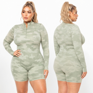 Women Camo Printed One Piece Romper Gym Fitness Compression Short Jumpsuit Half Zipper Plus Size Long Sleeve Jumpsuit Shorts - Product Image 1