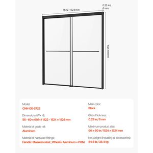 56-60 pouces W X 60 In. Porte de douche coulissante double semi-cerclée H pour baignoire, 1/4 pouce, avec système bypass - Product Image 4