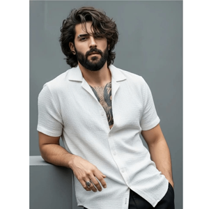 Camisa de Manga Corta con Cuello Cubano Texturizada para Hombre, Corte Ajustado, Estilo Casual para Vacaciones - Product Image 6