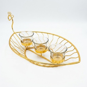Leaf Shape <b>Duck</b> Style Metal Tea <b>Light</b> Votive Holder in Gold Finish with 3 Glass Cups for Home Garden Patio Decoration - Product Image 1