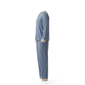 Ensemble de pyjama pour homme bleu foncé à manches longues avec bordure grise, tricot doux 100% coton, décontracté, lavable en machine, 2 pièces - Product Image 2